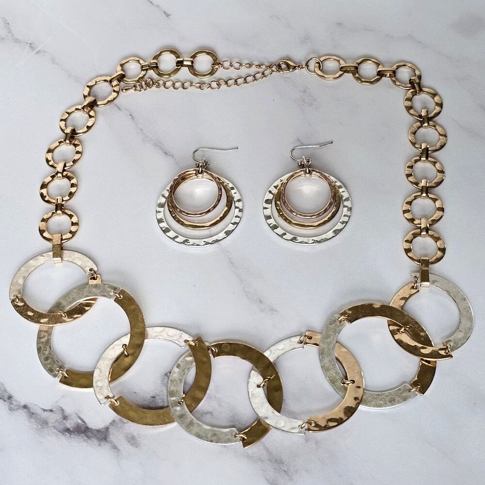 Vintage Gold Silver Hammered Metal Circle Necklace Earrings Set